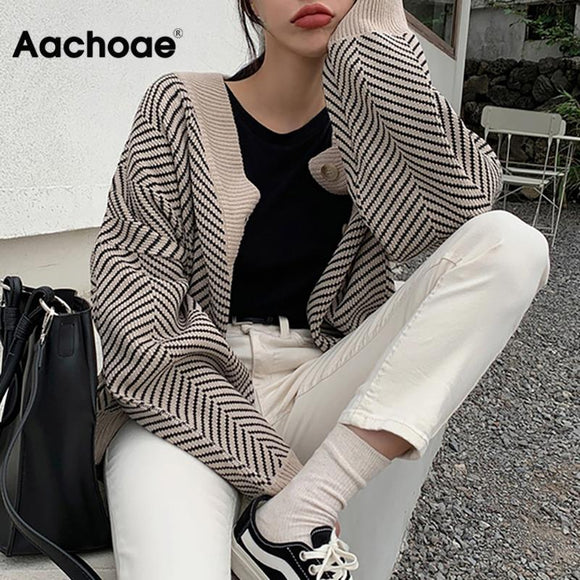 Aachoae Knitted Striped Cardigan Sweater